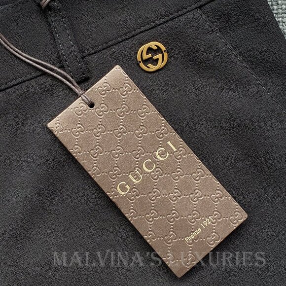 GUCCI PANTS BLACK STRETCH WOOL TROUSERS w LOGO DETAIL sz IT 44 US 8 - Picture 8 of 13